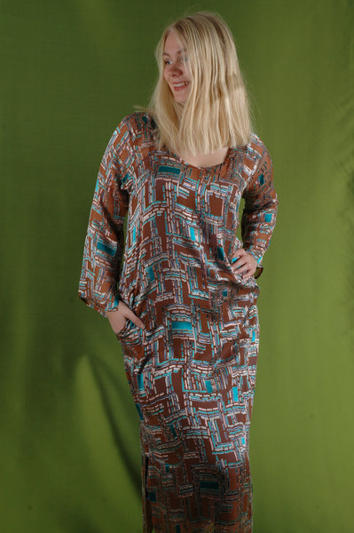 "Indrea" Maxi dress kaftan-style, with pockets. Print "Cheeky"