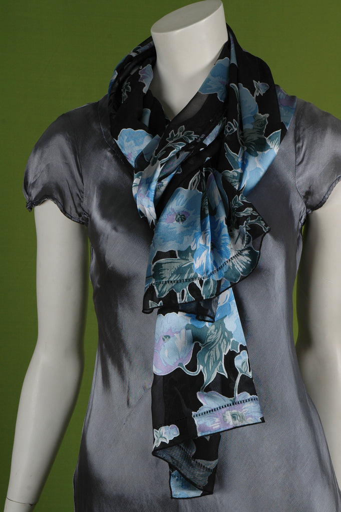 Scarf/Shawl in silk devoré (silk + viscose) print "Bluefield" - Tone Barker Silk