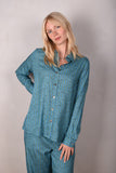 Tamie-Stretch Silk satin  shirt. Print "Green-stripe"