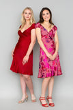 Marelia, reversible dress in 100% silk satin georgette + silk devoré "Rubyred/Pink lillies"