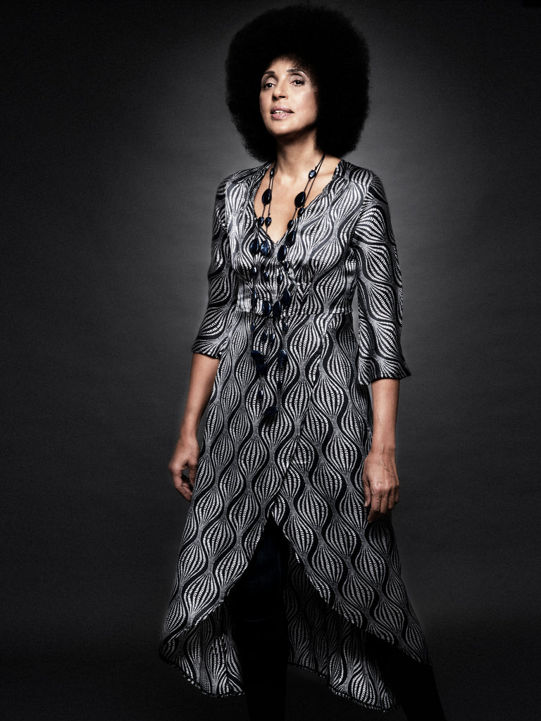 "Vanelli" Stretch silk Midi-length cross-over dress. Print "Blackabas"